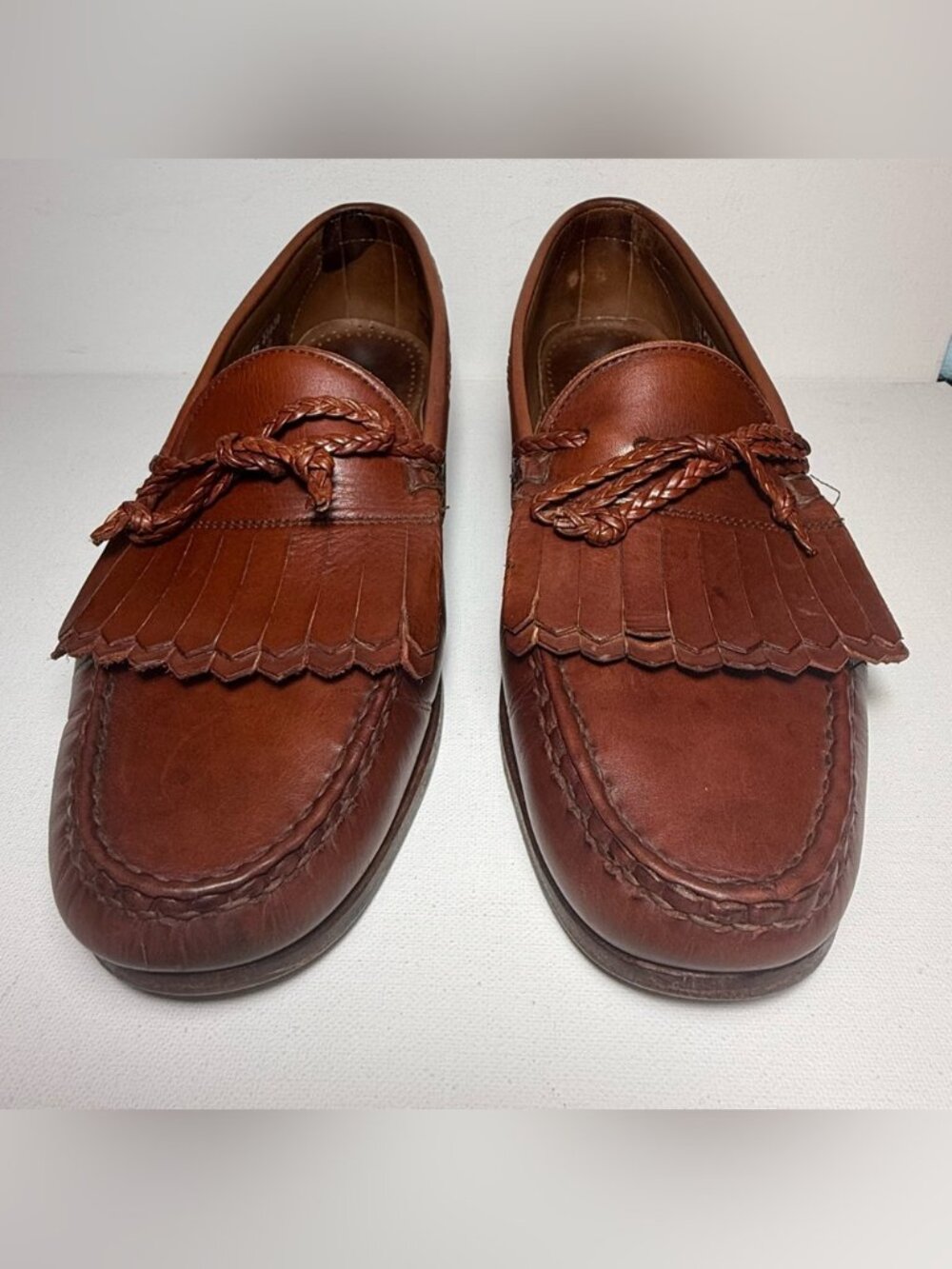 Allen Edmonds Woodstock Mens 11 D Brown Leather Kiltie Braided Penny Loafers USA - Picture 2 of 7